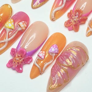 Custom handmade press on nails- Pyscadelic neon rave mushroom nails. image 2
