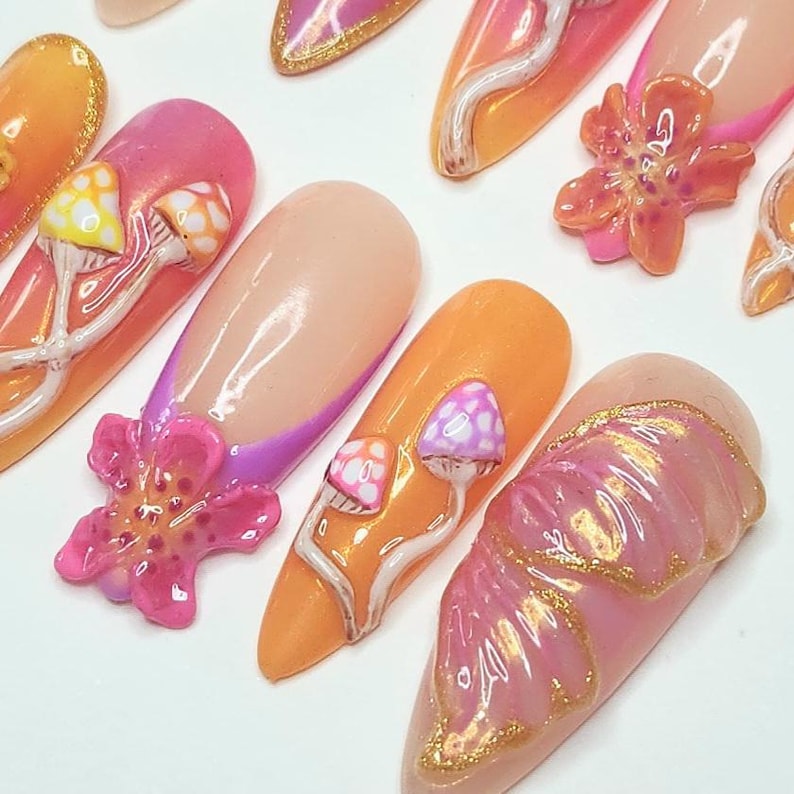 Custom handmade press on nails- Pyscadelic neon rave mushroom nails. image 2