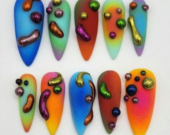 Handmade Rainbow Chrome Press On Nails | Colourful 3D Abstract Nail Art | Y2K Statement Set