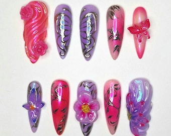 Handmade 3D Flower Press On Nails | Pink & Purple Floral Nails