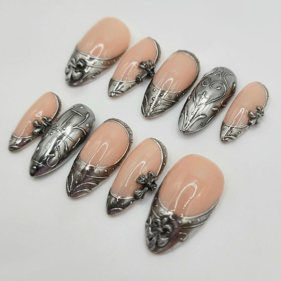 Medieval Armour Press on Nails | Silver Chrome Gothic Nails | 3D Hand ...