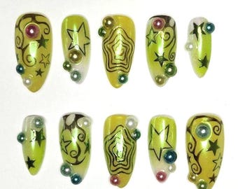Celestial Chrome Star Press On Nails | Yellow Galaxy Fairycore Y2K Set