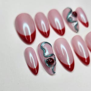 Handmade Red French Tip Press On Nails: 3D Ladybug Design
