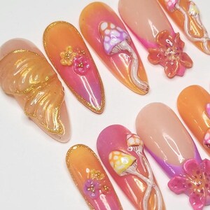Custom handmade press on nails- Pyscadelic neon rave mushroom nails. image 3