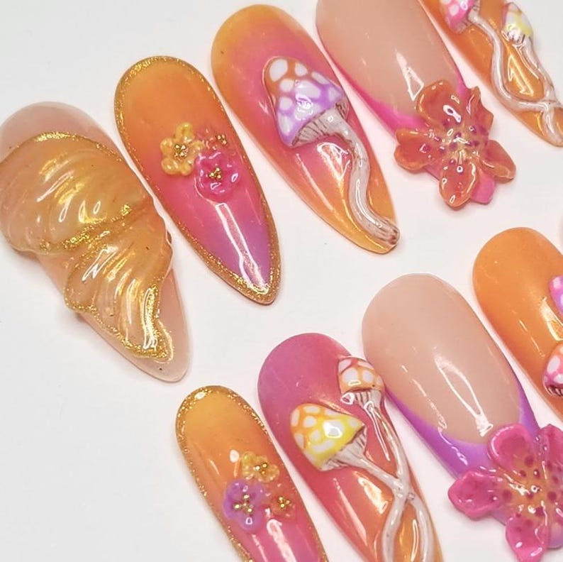 Custom handmade press on nails- Pyscadelic neon rave mushroom nails. image 3