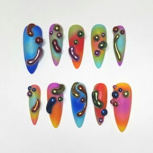 Custom handmade press on nails- rainbow 3d blob nails with chrome detail