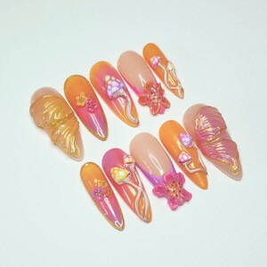 Custom handmade press on nails- Pyscadelic neon rave mushroom nails. image 6