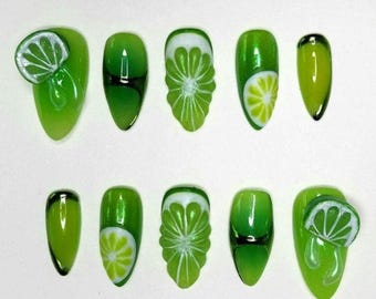 Unhas postiças personalizadas feitas à mão - Cor limão com detalhes cromados