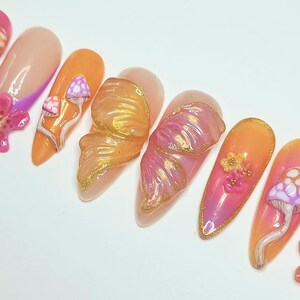 Custom handmade press on nails- Pyscadelic neon rave mushroom nails. image 5