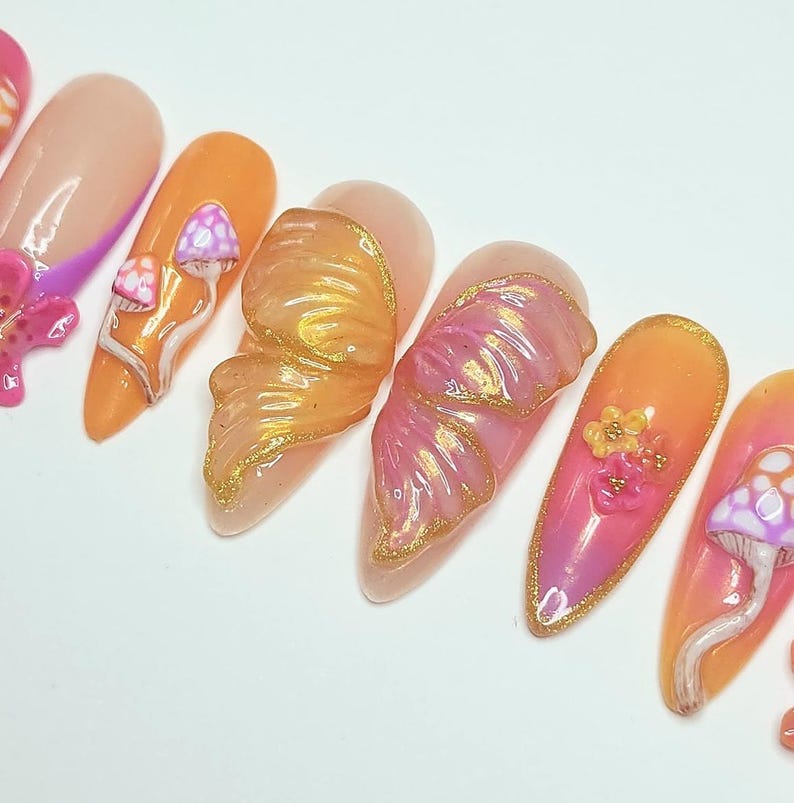 Custom handmade press on nails- Pyscadelic neon rave mushroom nails. image 5