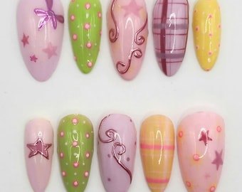 Pastel Fairy Press On Nails | Y2K Coquette Stars Swirls Nail Set