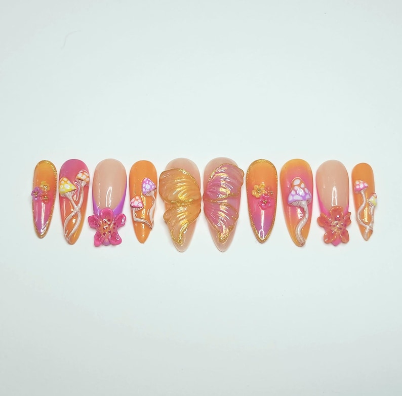 Custom handmade press on nails- Pyscadelic neon rave mushroom nails. image 7