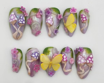 Mystical Mushroom Press On Nails: Hand Sculpted Butterfly, Glitter Almond Nails