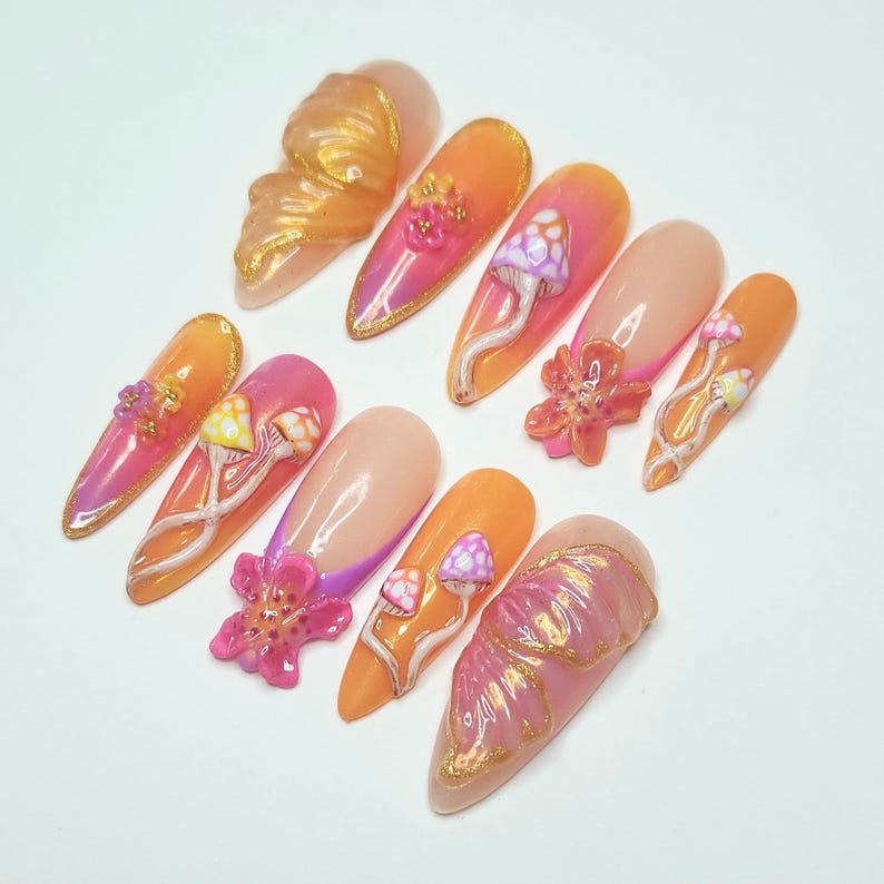 Custom handmade press on nails- Pyscadelic neon rave mushroom nails. image 4