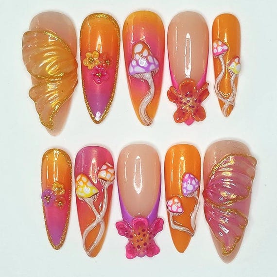 Custom handmade press on nails- Pyscadelic neon rave mushroom nails.