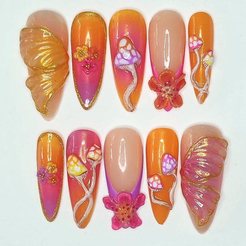 Custom handmade press on nails- Pyscadelic neon rave mushroom nails. image 1