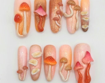 Handmade Press On Nails with Realistic 3D Mushroom Designs Nature Inspired