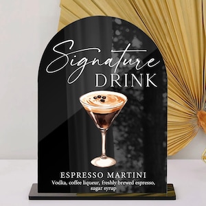 Enseigne pour bar à martini expresso, Enseigne acrylique pour boisson signature, Enseigne pour boisson signature, Enseigne pour boisson personnalisée, Menu de boissons signature pour mariage