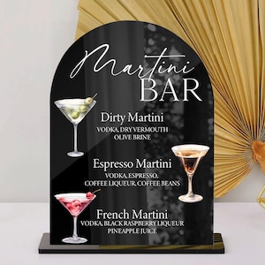 Enseigne de bar à martini, enseigne de martini expresso, martini sale, martini français, enseigne de bar de mariage, carte de cocktails, acrylique transparent noir givré