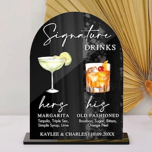 Enseigne de boissons signature mariage, enseigne cocktail signature, enseigne de menu de bar de mariage, enseigne de boissons sien et nôtres, boisson du marié, arche acrylique