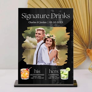 Enseigne photo avec boissons signature, carte de boissons de signature, enseigne de bar pour mariage, carte de boissons pour mariage, enseigne de cocktail signature, menu de bar, acrylique
