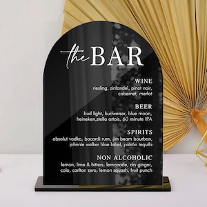 Minimalistisches Hochzeits-Bar-Menü Acryl-Schild, modernes Hochzeits-Bar-Menü, einfaches Hochzeitsgetränk-Schild, The Bar-Schild, Signature Drinks-Schild