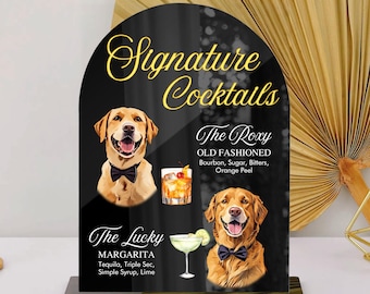 Insegna per bevande personalizzata con firma per cani, menù per bevande con firma per animali domestici, insegna per menu da bar per matrimoni, insegna per bevande con firma per animali domestici, insegna per cocktail da bar per cani, acrilico