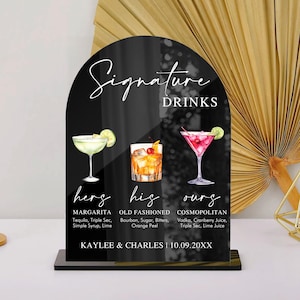 Enseigne pour boissons signature His Hers Our, enseigne pour cocktail signature, enseigne pour boissons signature pour mariage, enseigne pour bar de mariage, menu de bar en acrylique personnalisé