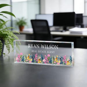 Personalized Acrylic Desk Name Plate, Floral Office Decor, Custom Teacher Gift, Thank You Gift, Teacher Name Plate, Promotion Gift