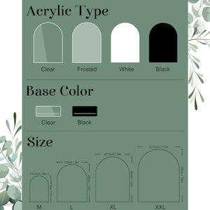 Puede incluir: Gr&aacute;fico informativo que muestra tipos de acr&iacute;lico: transparente, esmerilado, blanco y negro. Los colores base son transparente y negro. Tallas: M (12,5cm x 17,5cm), L (20cm x 25cm), XL (22,5cm x 30cm) y XXL (27,5cm x 35cm).