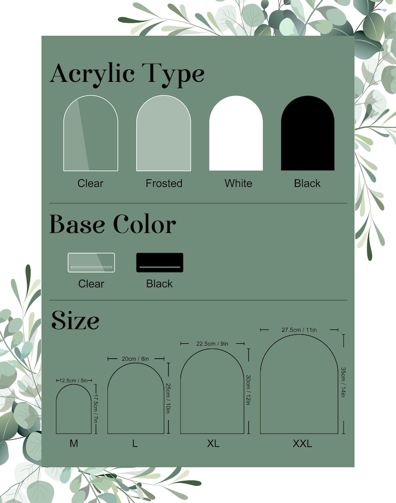 Puede incluir: Gr&aacute;fico informativo que muestra tipos de acr&iacute;lico: transparente, esmerilado, blanco y negro. Los colores base son transparente y negro. Tallas: M (12,5cm x 17,5cm), L (20cm x 25cm), XL (22,5cm x 30cm) y XXL (27,5cm x 35cm).