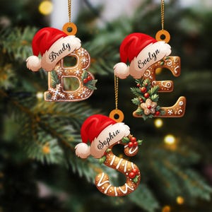 Könnte beinhalten: Drei lebkuchenartige Buchstaben-Ornamente in Form von B, E und S, die jeweils eine rote Weihnachtsmannmütze tragen. Die Buchstaben sind mit weißem Zuckerguss, grünen Stechpalmenblättern und roten Beeren verziert. Die Namen Brady, Evelyn und Sophia stehen auf dem weißen Rand der Mützen. Jedes Ornament hängt an einer goldenen Schnur.