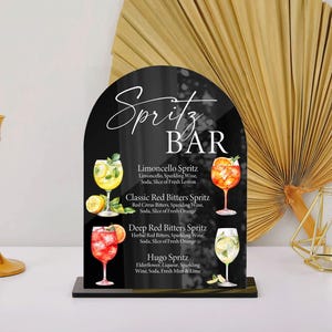 Puede incluir: Un letrero negro arqueado con el texto blanco Spritz Bar, que presenta ilustraciones de cuatro cócteles: Limoncello Spritz, Classic Red Bitters Spritz, Deep Red Bitters Spritz y Hugo Spritz, cada uno con una lista de ingredientes en blanco.