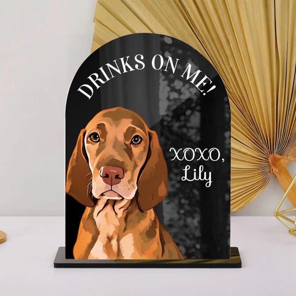 Placa personalizada para bar de casamento com retrato de animal de estimação, placa "Open Bar Dog", placa para bebidas com foto de animais de estimação, placa para cardápio de bar de casamento, placa de casamento moderna e minimalista