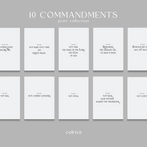 May include: Ten Commandments printable art collection. Each print features a different commandment in a minimalist black and white design. The text is in a serif font and reads: "Thou shalt not..." followed by the commandment.