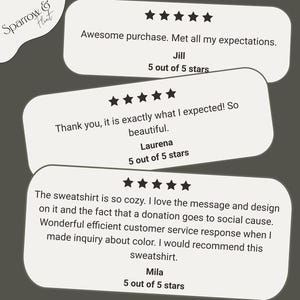 May include: Image of customer reviews on a gray background. Three white speech bubbles display text and star ratings. The reviews praise the product's quality and customer service, with all reviewers giving a 5-star rating.
