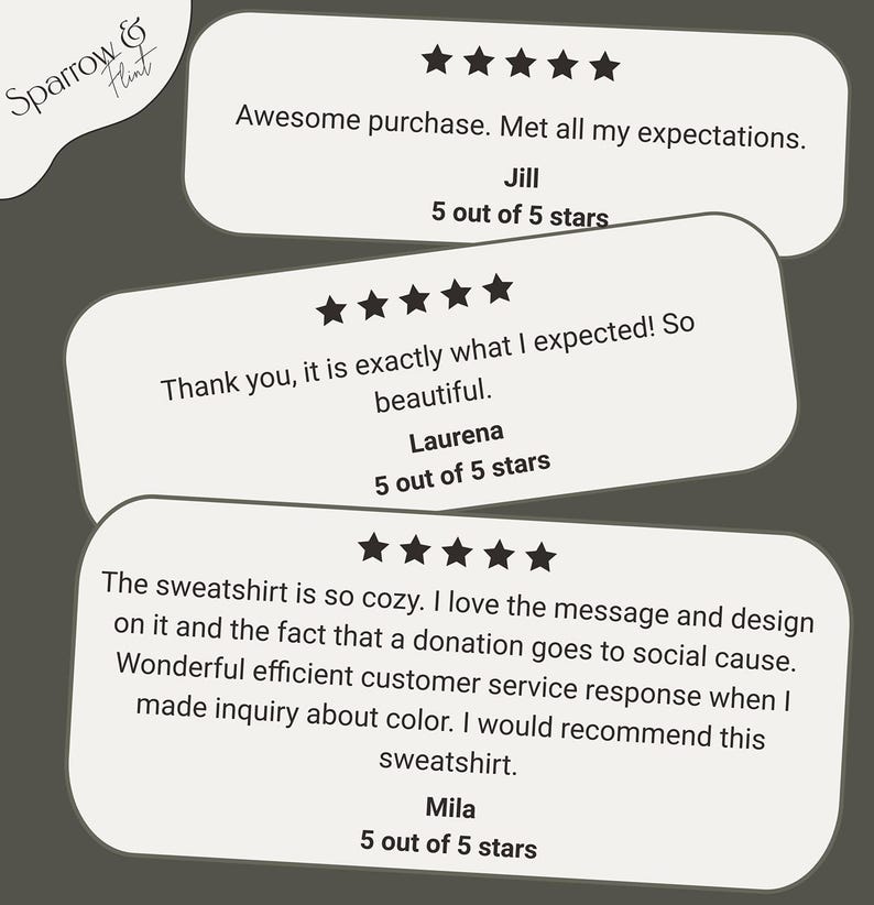 May include: Image of customer reviews on a gray background. Three white speech bubbles display text and star ratings. The reviews praise the product's quality and customer service, with all reviewers giving a 5-star rating.