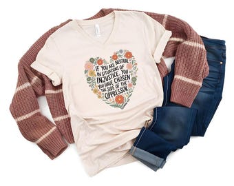 Floral Heart V-Neck T-Shirt: Desmond Tutu Quote, Activist Tee