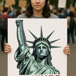 May include: A white protest sign with a drawing of the Statue of Liberty crying. The sign has the text "NO KINGS" in red letters.