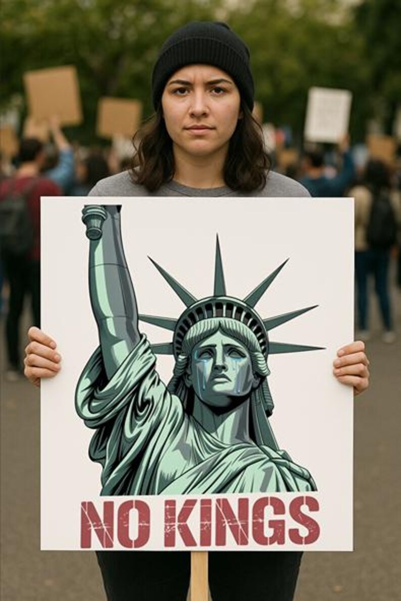 May include: A white protest sign with a drawing of the Statue of Liberty crying. The sign has the text "NO KINGS" in red letters.