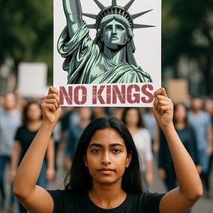 May include: A person holds a sign with a drawing of the Statue of Liberty and the text "NO KINGS" in red letters. The person is standing in a crowd of people.