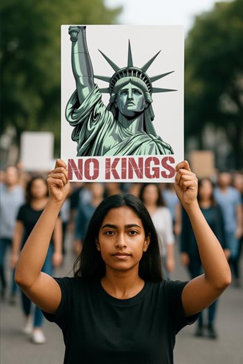 May include: A person holds a sign with a drawing of the Statue of Liberty and the text "NO KINGS" in red letters. The person is standing in a crowd of people.