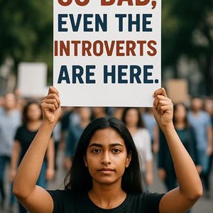 May include: A person holding a sign that reads "SO BAD, EVEN THE INTROVERTS ARE HERE."