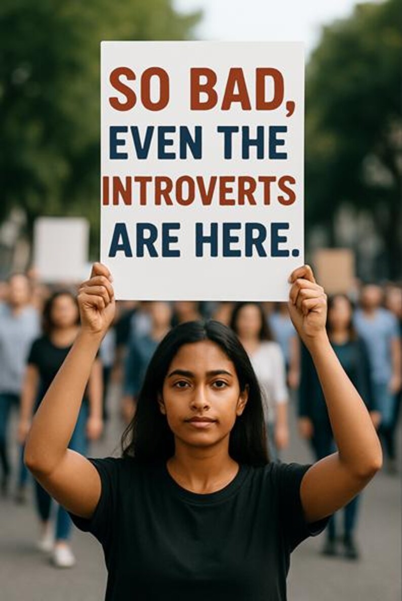 May include: A person holding a sign that reads "SO BAD, EVEN THE INTROVERTS ARE HERE."
