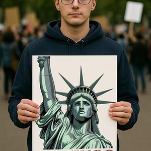 May include: A person holding a protest sign with a drawing of the Statue of Liberty crying. The sign says "NO KINGS" in red letters.