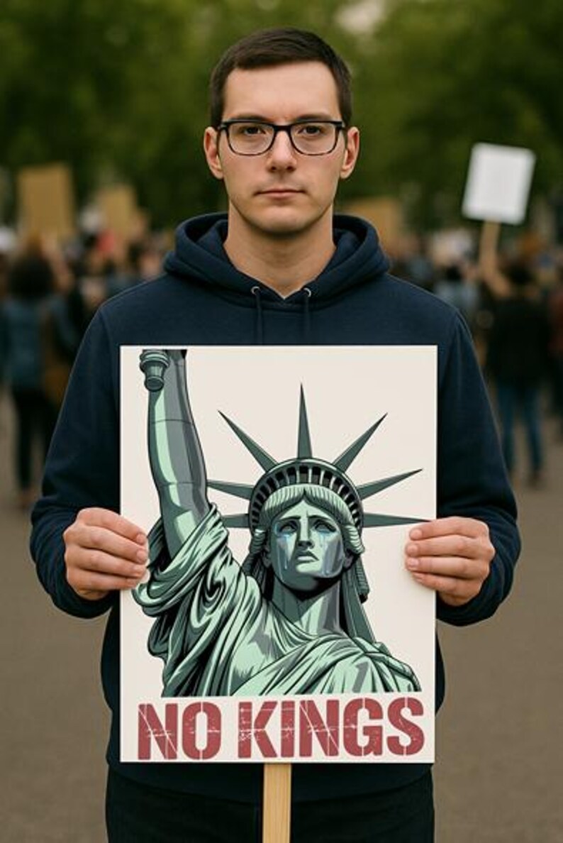 May include: A person holding a protest sign with a drawing of the Statue of Liberty crying. The sign says "NO KINGS" in red letters.