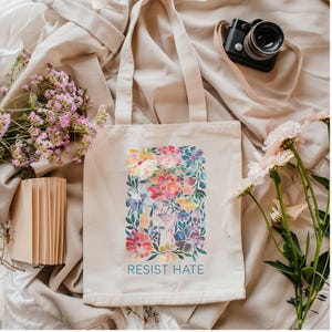 Organic Canvas Tote Bag, Flie  Floral Eco Conscious Tote Bag, Resist Hate, Anti MAGA Political Gift, Gift for Her, Kindness, Democratic Gift