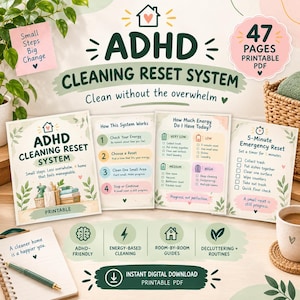 ADHD-städningssystem, 47-sidig utskrivbar checklista, hem, rensningsarbetsbok, organisering, digital nedladdning