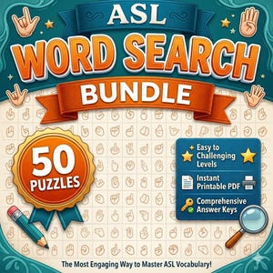 ASL Word Search Puzzle Printable PDF, Sign Language Learning Gift, Educational Activity, Digital Download