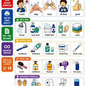 Puede incluir: Un tablero de comunicación AAC Bathroom Routine con ilustraciones coloridas de tareas de higiene. Las secciones incluyen Core Words, Bath Time, Dental Care, Hair Care y Bathroom Essentials con iconos etiquetados para artículos como jabón y champú.